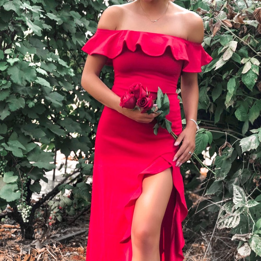 Red Off Shoulder Slit Maxi Dress